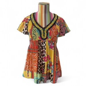 Melissa Paige Babydoll Beaded Multicolor Mixed Print Smocked Blouse